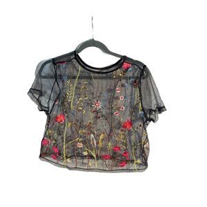 Shein Women’s Black Sheer Embroidered Crop Top Size Large